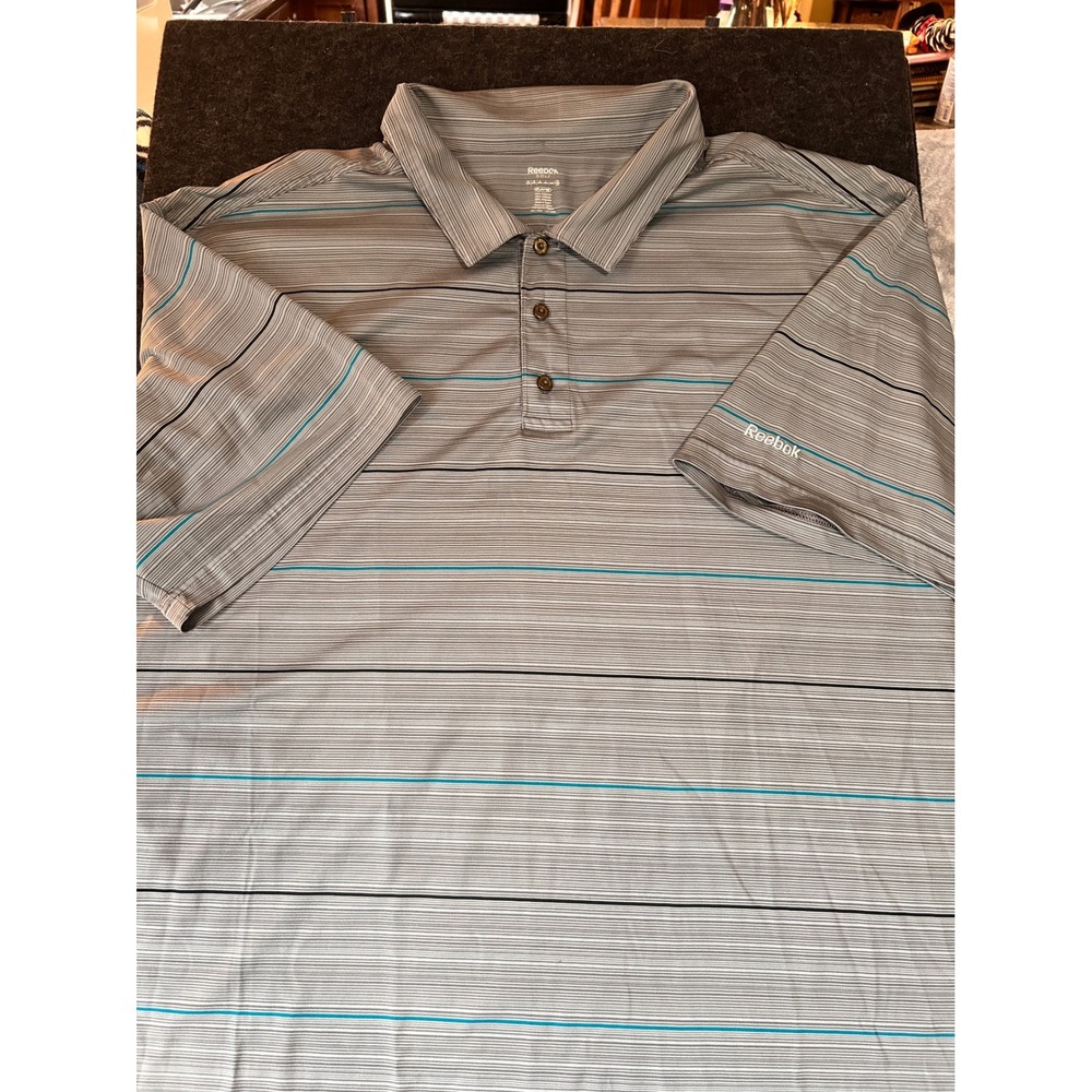 Reebok Golf PlayDry Polo Shirt Mens 4X Grey‎ Teal Striped Performance St  Sleeve